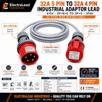 32A 5 Pin to 32A 4 Pin 415V 1M 3 Phase Industrial Adaptor Lead – 3P+N+E to 3P+E, SY Steel Wire Braided Cable, CE Marked IEC 60309 Connectors, IP44, 