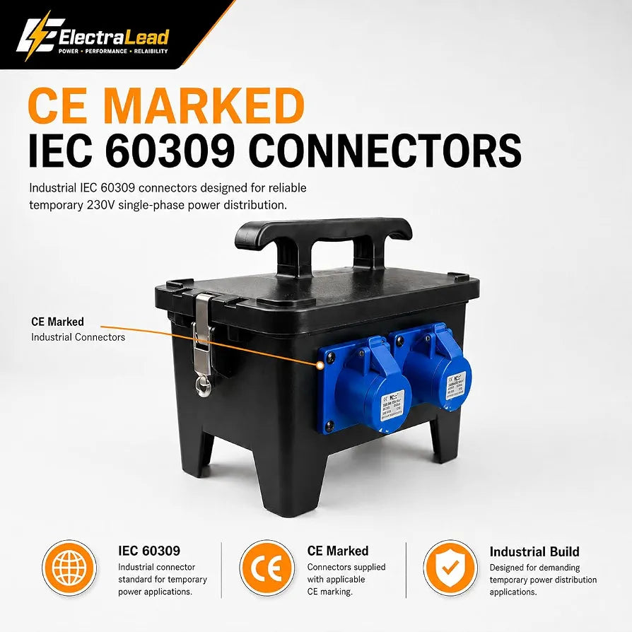 32A 3 Pin 230V Distribution Box, 4 x 16A 230V IP44 Industrial Site Power Box with Individual 16A MCB Protection & Main 32A 1 Pole MCB, IEC 60309 Portable Distribution Unit