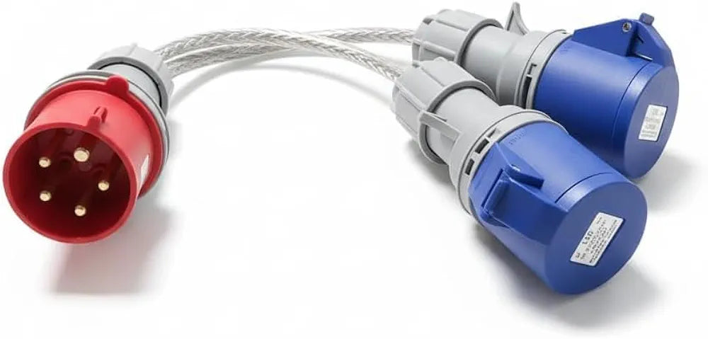 ElectraLead Red 32A 5 Pin to 2 x Blue 32A 3 Pin Splitter Lead – 0.6m SY Steel Wire Braided Cable – 415V Three Phase to 230V Single Phase – CE Marked IEC 60309 Connectors
