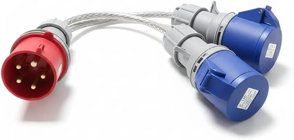 ElectraLead Red 32A 5 Pin to 2 x Blue 32A 3 Pin Splitter Lead – 0.6m SY Steel Wire Braided Cable – 415V Three Phase to 230V Single Phase – CE Marked IEC 60309 Connectors