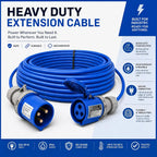 32A 3 Pin 240V 3m Blue Industrial Single Phase Extension Lead – 32 Amp, 3G4mm² Arctic Grade Cable, IP44, CE Marked IEC 60309 2P+E Components 