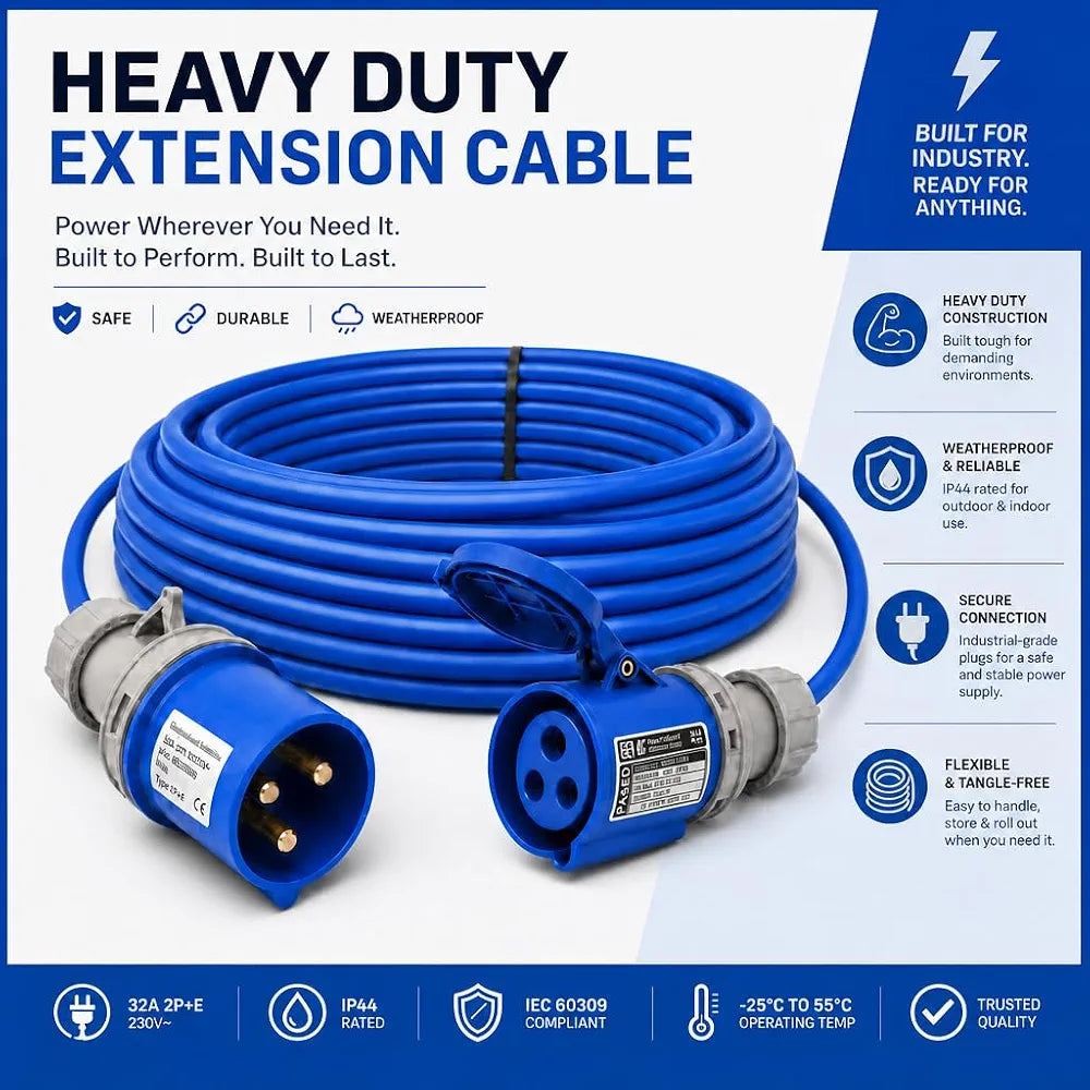 32A 3 Pin 240V 3m Blue Industrial Single Phase Extension Lead – 32 Amp, 3G4mm² Arctic Grade Cable, IP44, CE Marked IEC 60309 2P+E Components 