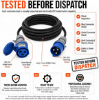 32A 3 Pin 230V 3m Blue Industrial Single Phase Extension Lead – 32 Amp, 3G4mm² H07RN-F Rubber Cable, IP44, CE Marked IEC 60309 2P+E Components 