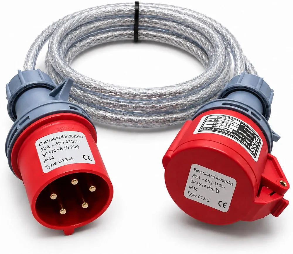 32A 5 Pin to 32A 4 Pin 415V 1M 3 Phase Industrial Adaptor Lead – 3P+N+E to 3P+E, SY Steel Wire Braided Cable, CE Marked IEC 60309 Connectors, IP44, 