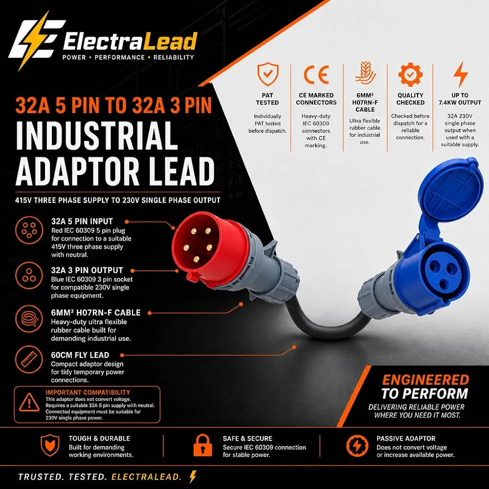 32A 5 Pin to 32A 3 Pin Adaptor Lead – 415V Red Three Phase Plug to 230V Blue CEE Socket, 60cm 6mm² H07RN-F Ultra Flexible Cable, Heavy Duty Industrial Fly Lead for EV Chargers, Events, Site Power