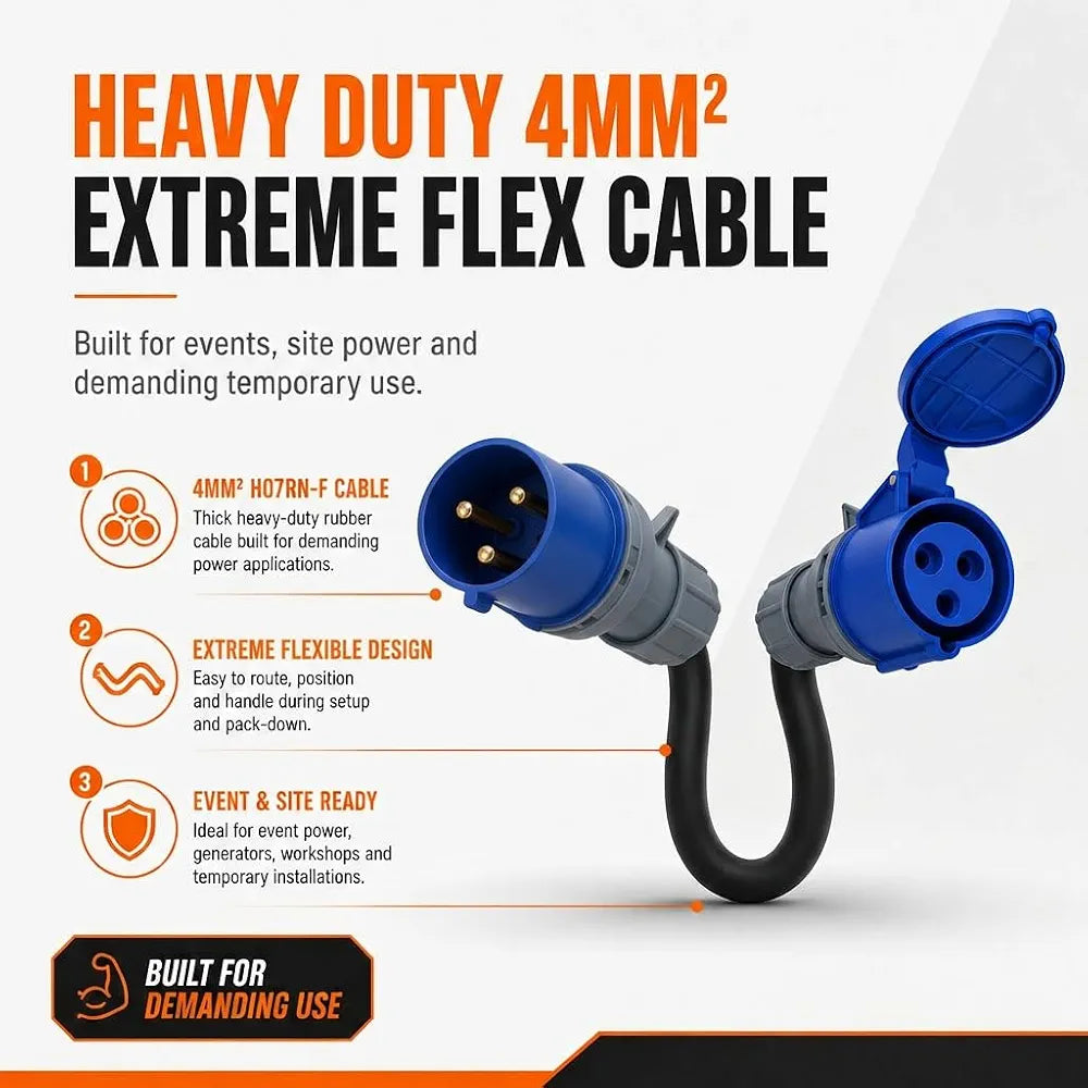 32A 3 Pin to 16A 3 Pin Adaptor Lead – 230V Blue Single Phase Plug to 16A Blue CEE Socket, 60cm 4mm² H07RN-F Extreme Flexible Cable, Heavy Duty Industrial Fly Lead for Events, Site Power & EV Chargers