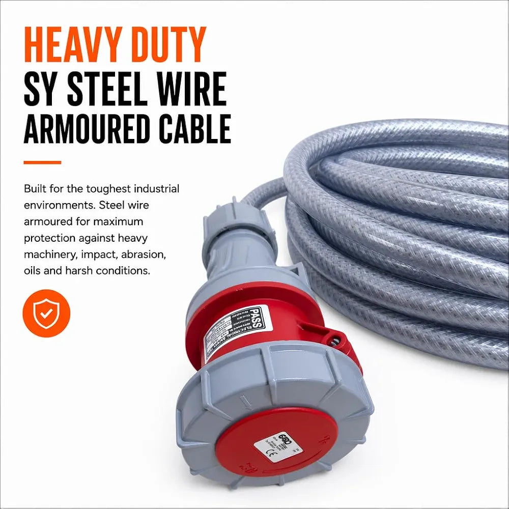 3 Phase Extension Lead - 63A 5 Pin 3m 415V IP67 SY Steel Wire Braided Cable - Red CE Marked Industrial Connector - PAT Tested 