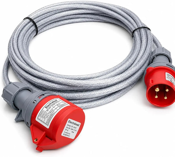 32A 4 Pin 415V 3m Red Industrial 3 Phase Extension Lead – 32 Amp, 4G4mm² SY Steel Wire Braided Cable, IP44, CE Marked IEC 60309 Components 