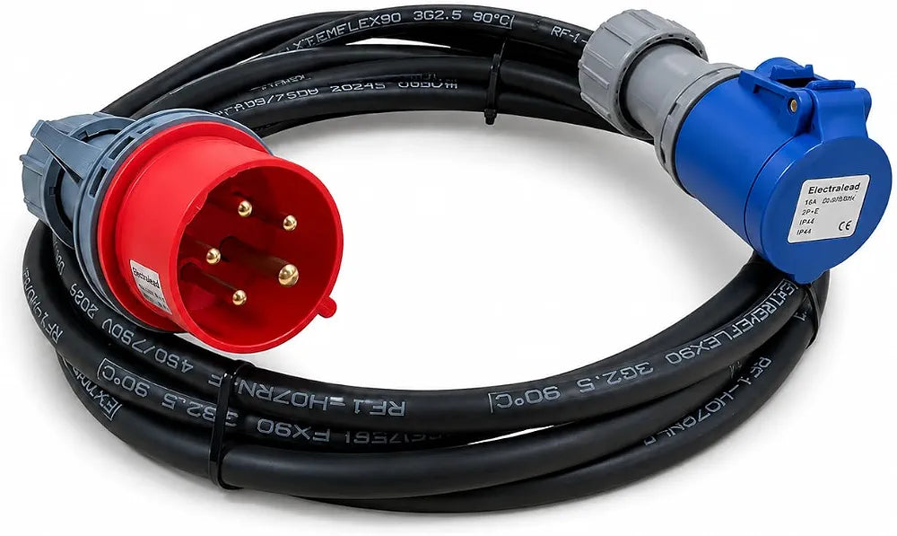 16A 5 Pin 415V to 16A 3 Pin 230V 1M Industrial Adaptor Lead – 3 Phase to Single Phase, 3G2.5mm² H07RN-F Rubber Cable, IP44, CE Marked IEC 60309 Connectors 