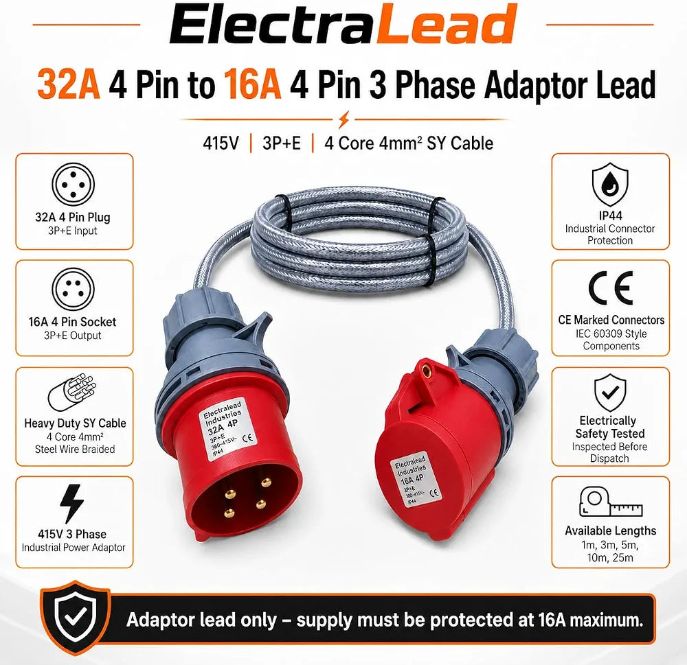 32A 4 Pin Plug to 16A 4 Pin Socket 1M 415V 3 Phase Adaptor Lead – 4 Core 4mm² SY Cable, IP44, CE Marked IEC 60309 Industrial Connectors – Multiple Lengths 