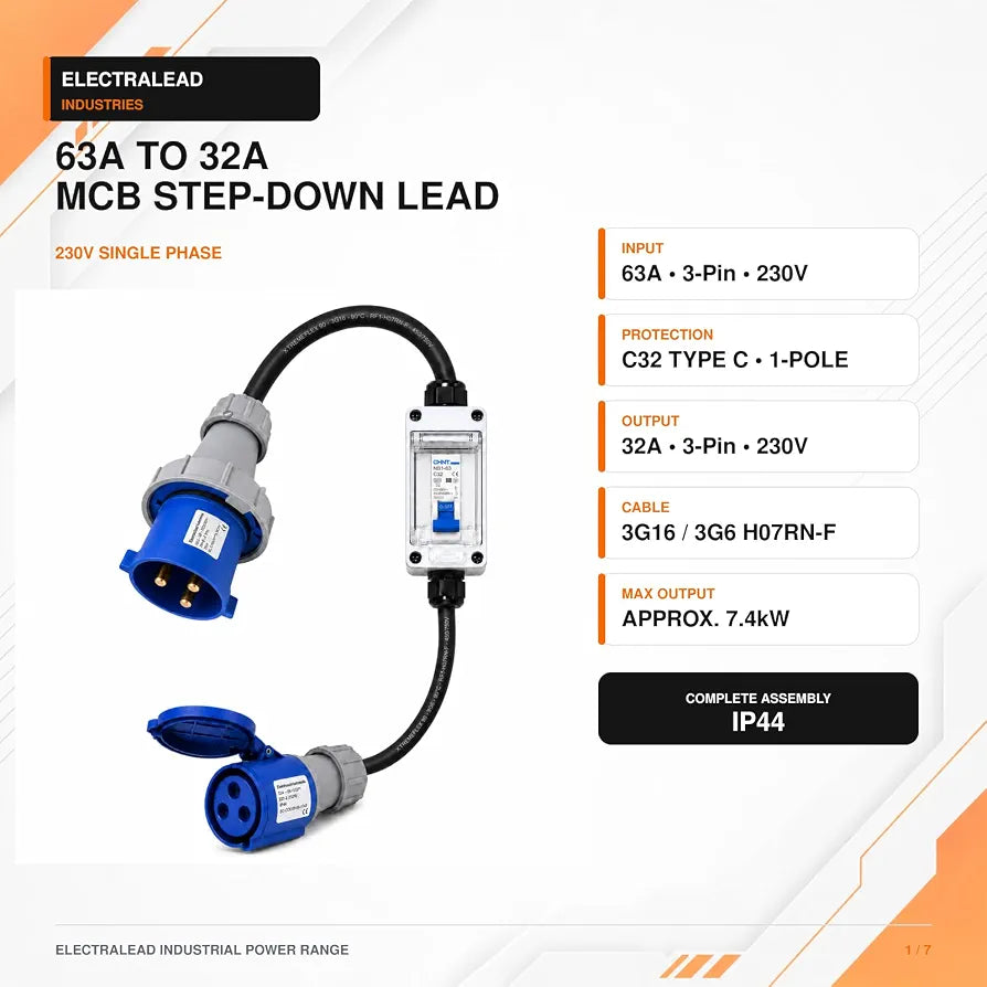63A to 32A 3 Pin 230V Single Phase MCB Step-Down Box