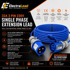 32A 3 Pin 240V 3m Blue Industrial Single Phase Extension Lead – 32 Amp, 3G4mm² Arctic Grade Cable, IP44, CE Marked IEC 60309 2P+E Components 