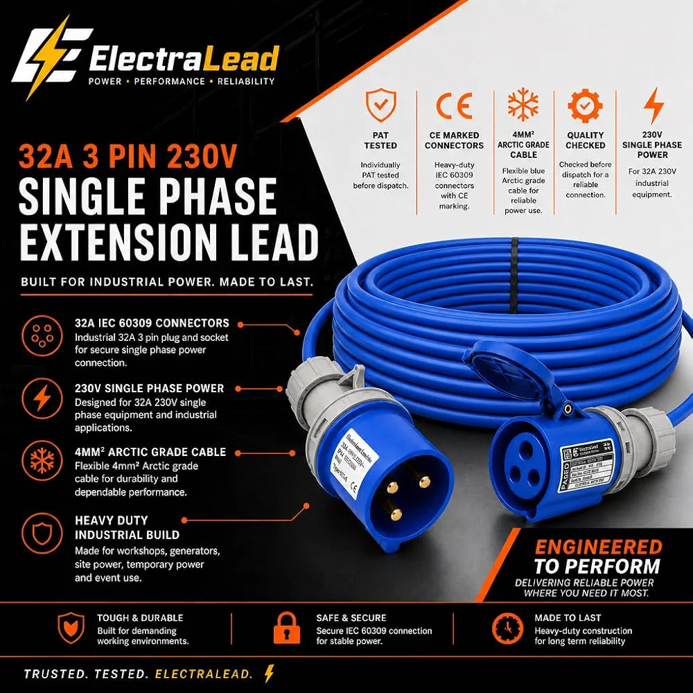 32A 3 Pin 240V 3m Blue Industrial Single Phase Extension Lead – 32 Amp, 3G4mm² Arctic Grade Cable, IP44, CE Marked IEC 60309 2P+E Components 
