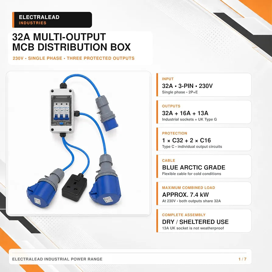 32A 3-Pin 230V Single-Phase MCB Distribution Box to 32A, 16A & 13A UK Outputs
