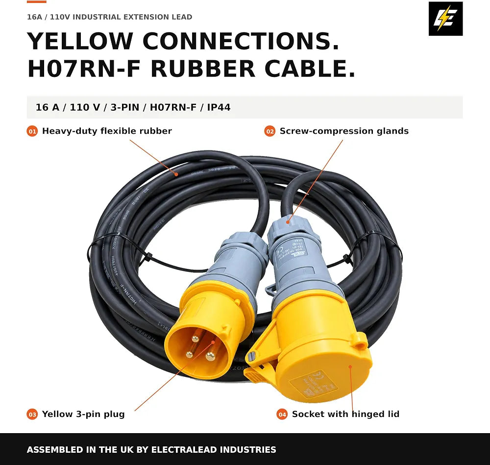 ElectraLead 16A 110V 3-Pin 2.5mm² H07RN-F Extension Lead 3 Metre
