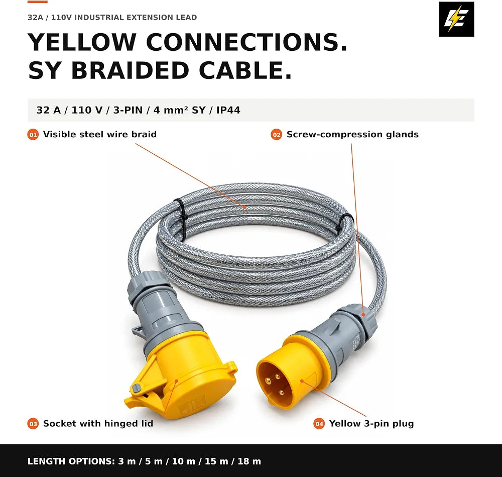 32A 110V 3-Pin 4mm² SY Braided Extension Lead 