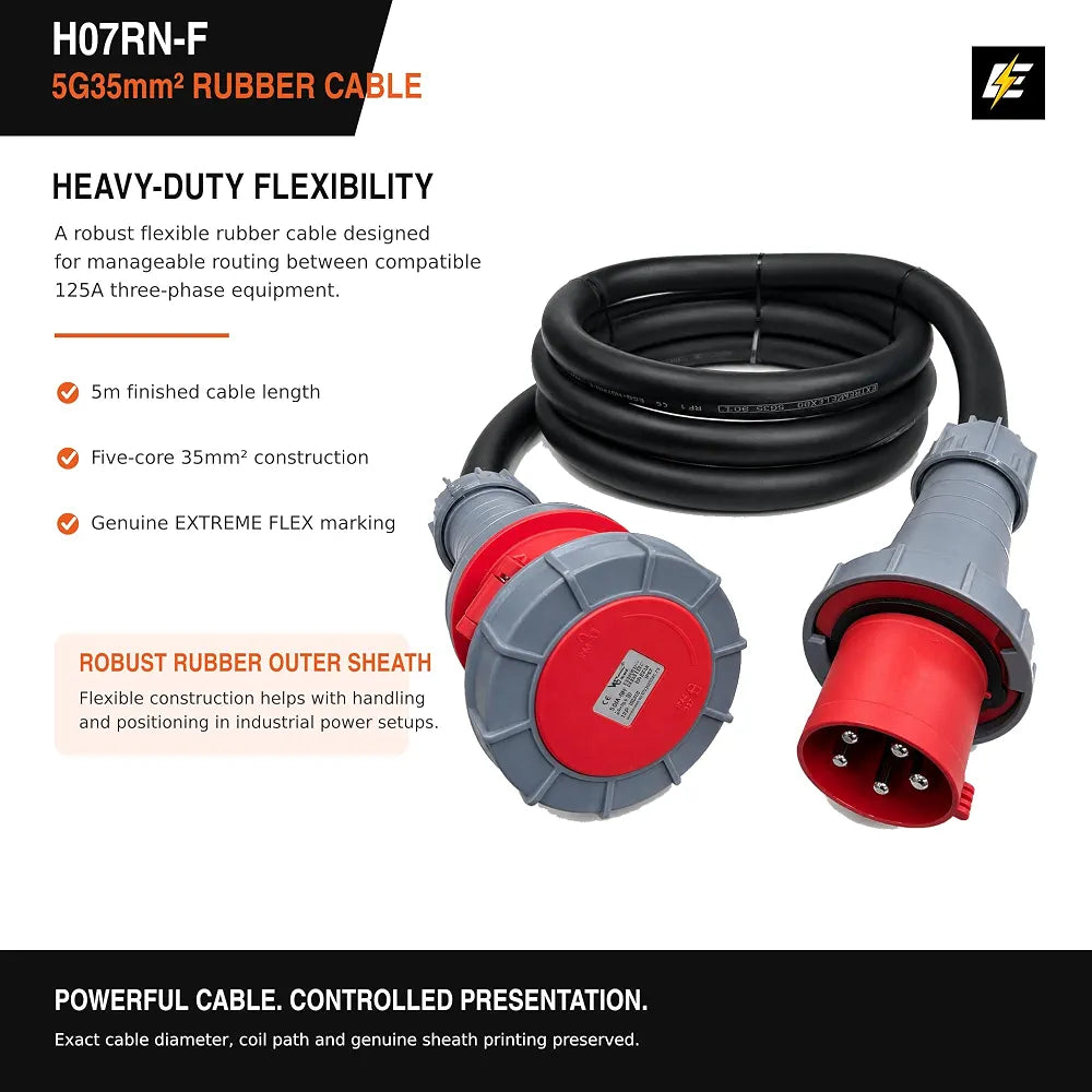 5 Metre 125A 5-Pin 415V IP67 3-Phase Extension Lead