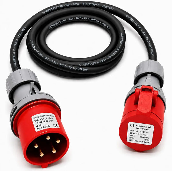 32A 5 Pin to 16A 5 Pin 415V 1M Industrial Adaptor Lead – 4mm² ExtremeFlex 90 H07RN-F Rubber Cable, CE Marked IEC 60309 Connectors, IP44, 3 Phase 