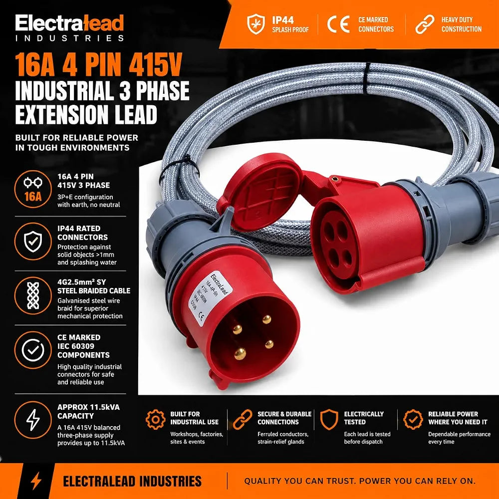 16A 4 Pin 415V 3m Red Industrial 3 Phase Extension Lead – 16 Amp, 4G2.5mm² SY Steel Wire Braided Cable, IP44, CE Marked IEC 60309 Components 