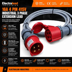 16A 4 Pin 415V 3m Red Industrial 3 Phase Extension Lead – 16 Amp, 4G2.5mm² SY Steel Wire Braided Cable, IP44, CE Marked IEC 60309 Components 