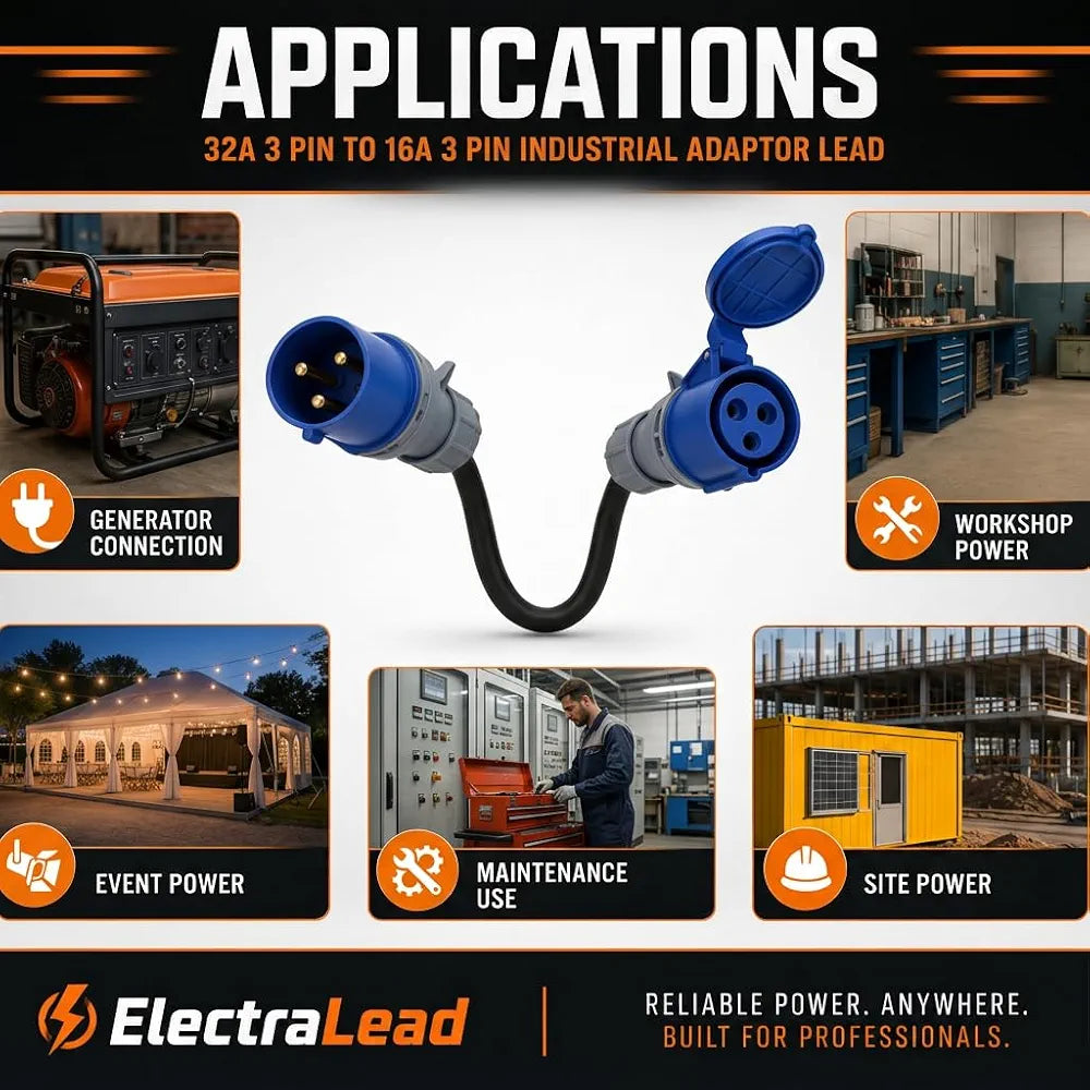32A 3 Pin to 16A 3 Pin Adaptor Lead – 230V Blue Single Phase Plug to 16A Blue CEE Socket, 60cm 4mm² H07RN-F Extreme Flexible Cable, Heavy Duty Industrial Fly Lead for Events, Site Power & EV Chargers