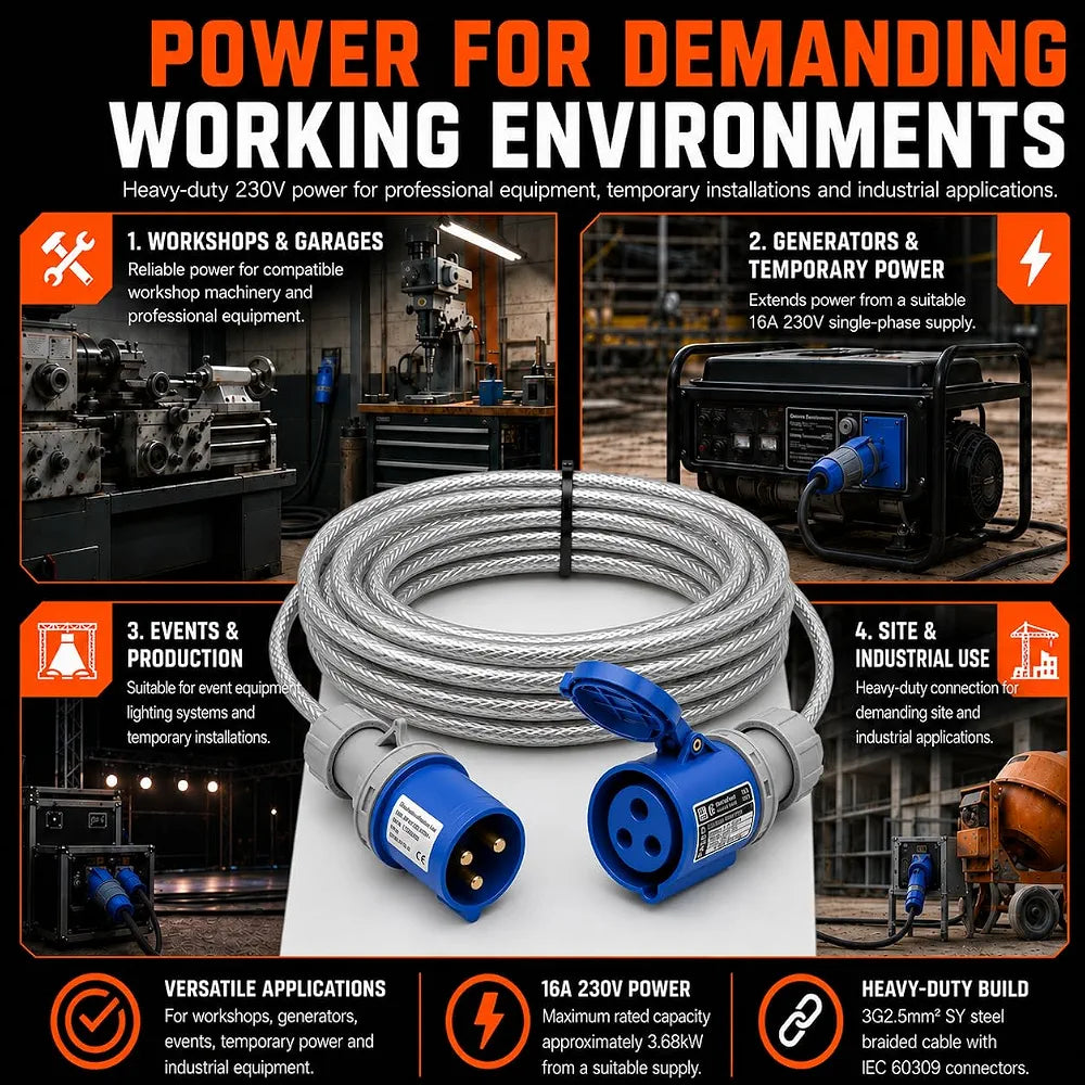 ElectraLead 16A 3 Pin Industrial Single Phase Extension Lead m – 230V Blue CEE Cable – 3x2.5mm² SY Steel Wire Braided Cable – CE Marked Industrial Connectors – IP44 IEC 60309 – PAT Tested 