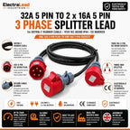 ElectraLead 32A 5 Pin to 2 x 16A 5 Pin 3 Phase Splitter Lead – 1m H07RN-F Rubber Cable – 415V IEC 60309 IP44 – CE Marked Industrial Connectors – PAT Tested