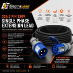32A 3 Pin 230V 3m Blue Industrial Single Phase Extension Lead – 32 Amp, 3G4mm² H07RN-F Rubber Cable, IP44, CE Marked IEC 60309 2P+E Components 