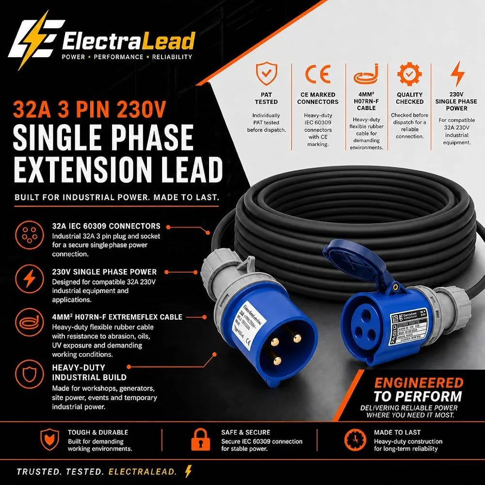 32A 3 Pin 230V 3m Blue Industrial Single Phase Extension Lead – 32 Amp, 3G4mm² H07RN-F Rubber Cable, IP44, CE Marked IEC 60309 2P+E Components 