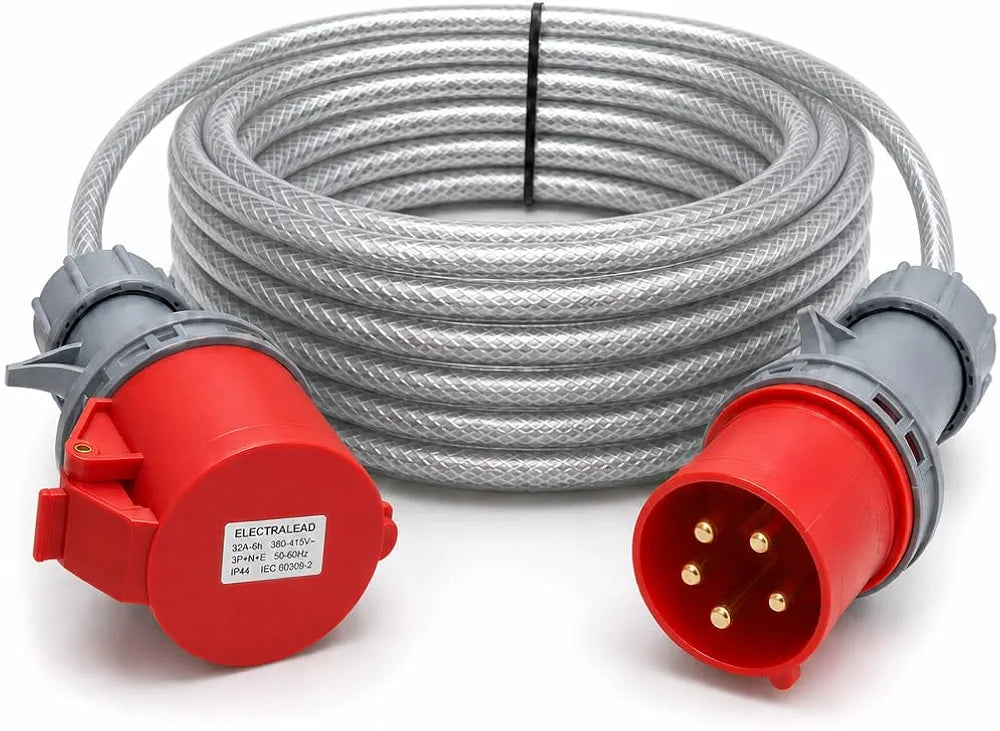 32A 5 Pin 3 Phase Extension Lead 3m – 415V Industrial Heavy Duty Steel Armoured Cable with Red CEE Plug & Socket – IP44 Site/Generator Power Lead – PAT Tested 