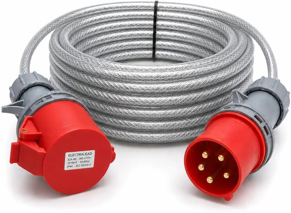 32A 5 Pin 3 Phase Extension Lead 3m – 415V Industrial Heavy Duty Steel Armoured Cable with Red CEE Plug & Socket – IP44 Site/Generator Power Lead – PAT Tested 