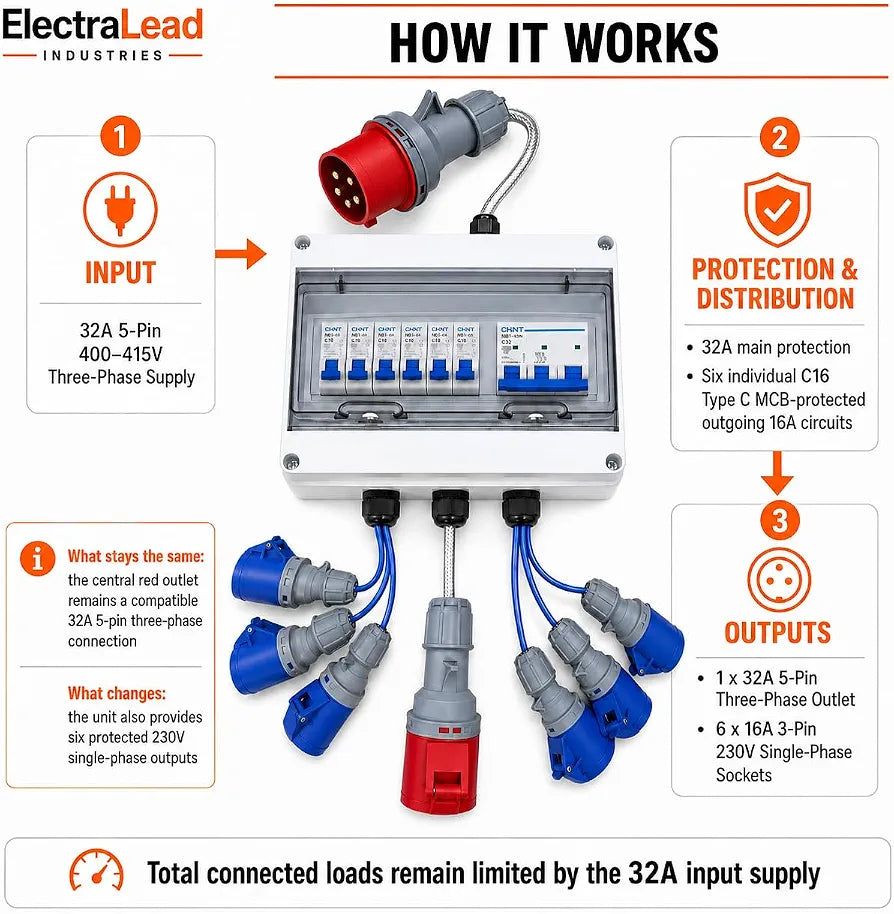 ElectraLead 32A 5-Pin 415V MCB Box, 32A Outlet and 6 x 16A Sockets