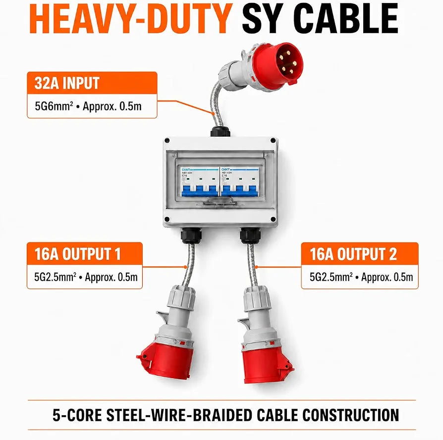 32A 5 Pin 415V 3 Phase MCB Distribution Box to 2 × 16A 5 Pin Outputs – 2 × C16 Type C Protection, SY Cable, IP44, CE Marked Industrial Connectors