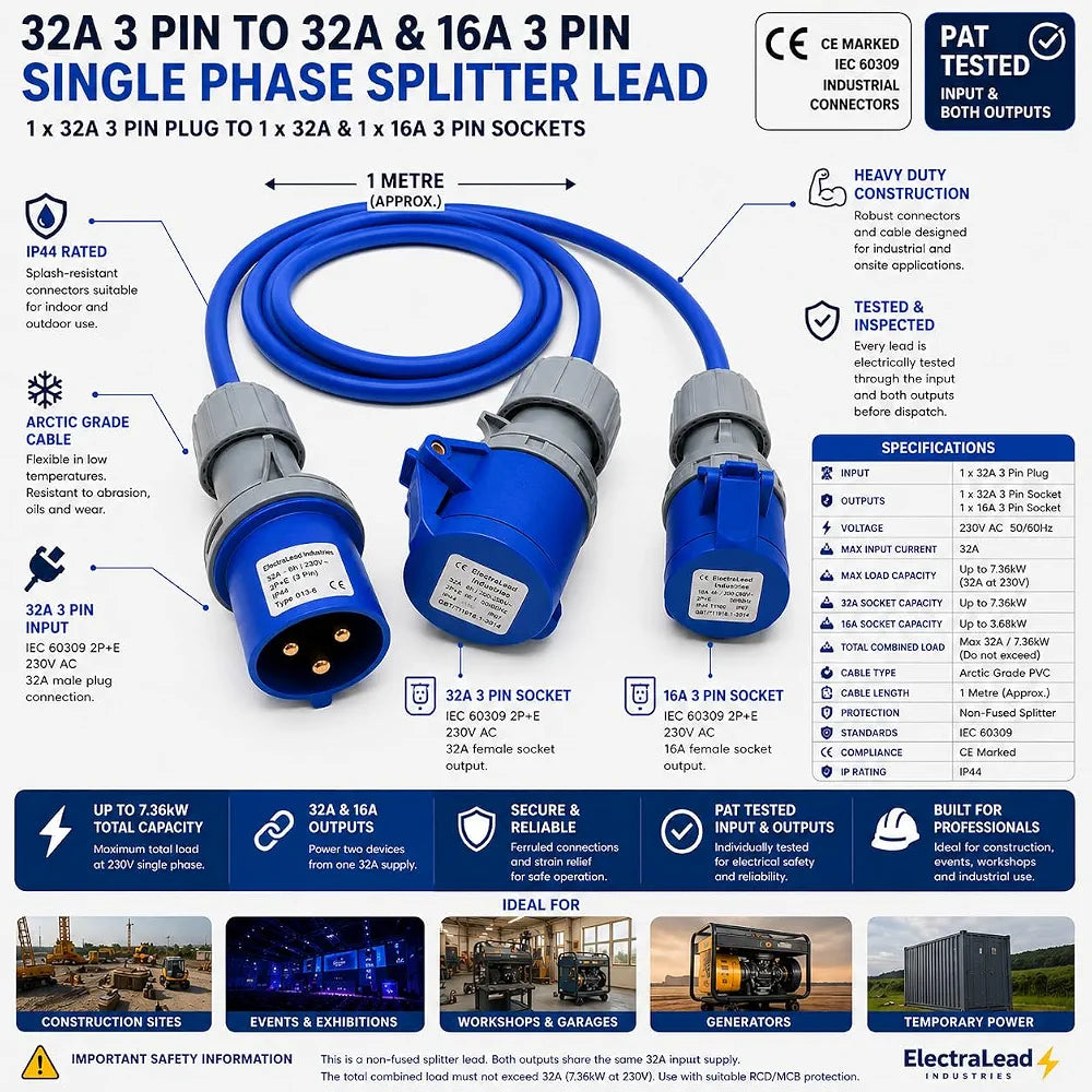 ElectraLead Blue 32A 3 Pin to 32A & 16A 3 Pin Splitter Lead – 1m Arctic Grade Cable – 230V IEC 60309 IP44 – CE Marked Industrial Connectors – Electrically Tested