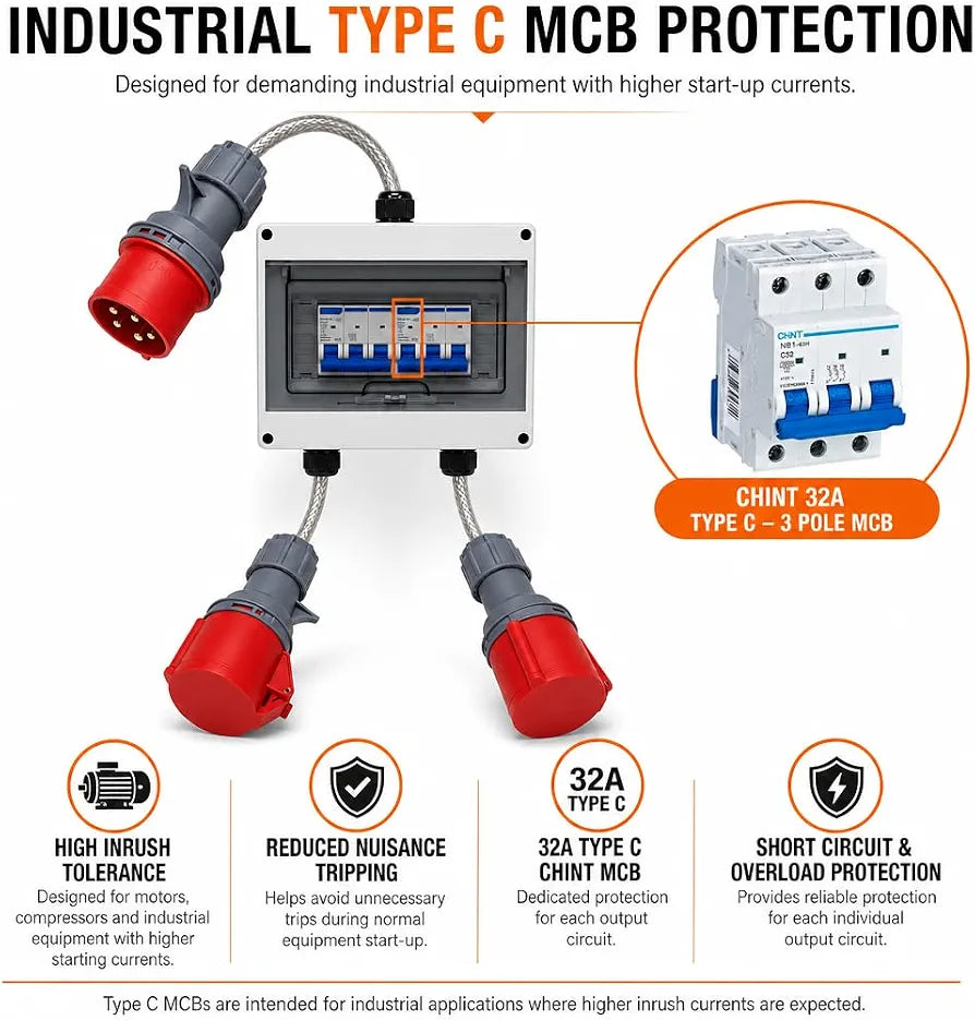 32A 5 Pin 415V Red CE Distribution Box to 2 x 32A 5 Pin Outputs, Dual MCB Protected IEC 60309 IP65 Industrial Power Splitter