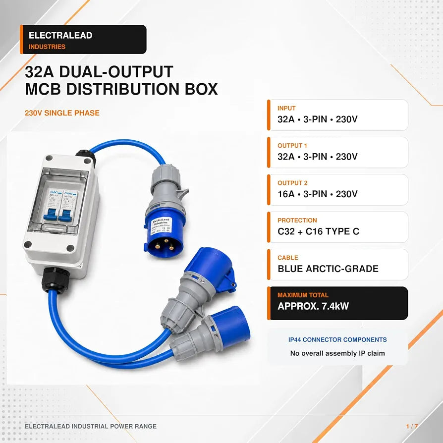 32A 3 Pin 230V MCB Distribution Box to 32A 3 Pin & 16A UK Sockets