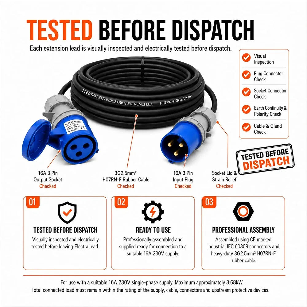 ElectraLead 16A 3 Pin 3m Industrial Extension Lead 230V Single Phase Blue IP44 IEC 60309 – CE Marked Connectors – 3G2.5mm² H07RN-F Rubber Cable – PAT Tested 