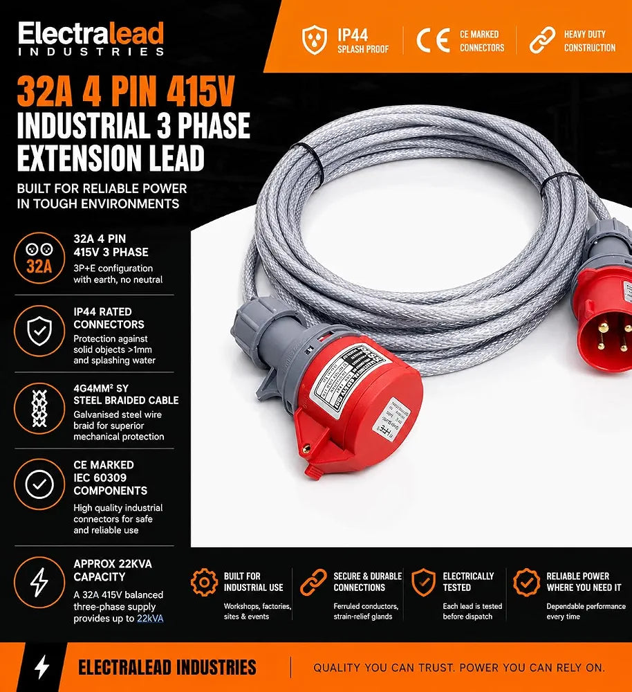 32A 4 Pin 415V 3m Red Industrial 3 Phase Extension Lead – 32 Amp, 4G4mm² SY Steel Wire Braided Cable, IP44, CE Marked IEC 60309 Components 
