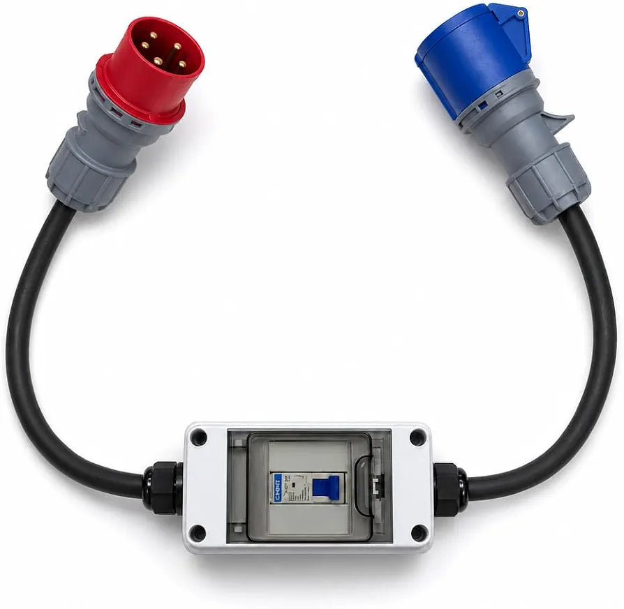 32A to 32A 3 Phase MCB Distrobution Wall Hanging Adaptor Box – 32A 5 Pin 415V Inlet to 32A 3 Pin 230V Outlet – IEC 60309 Industrial Step-Down Adaptor – MCB Protected – PAT Tested