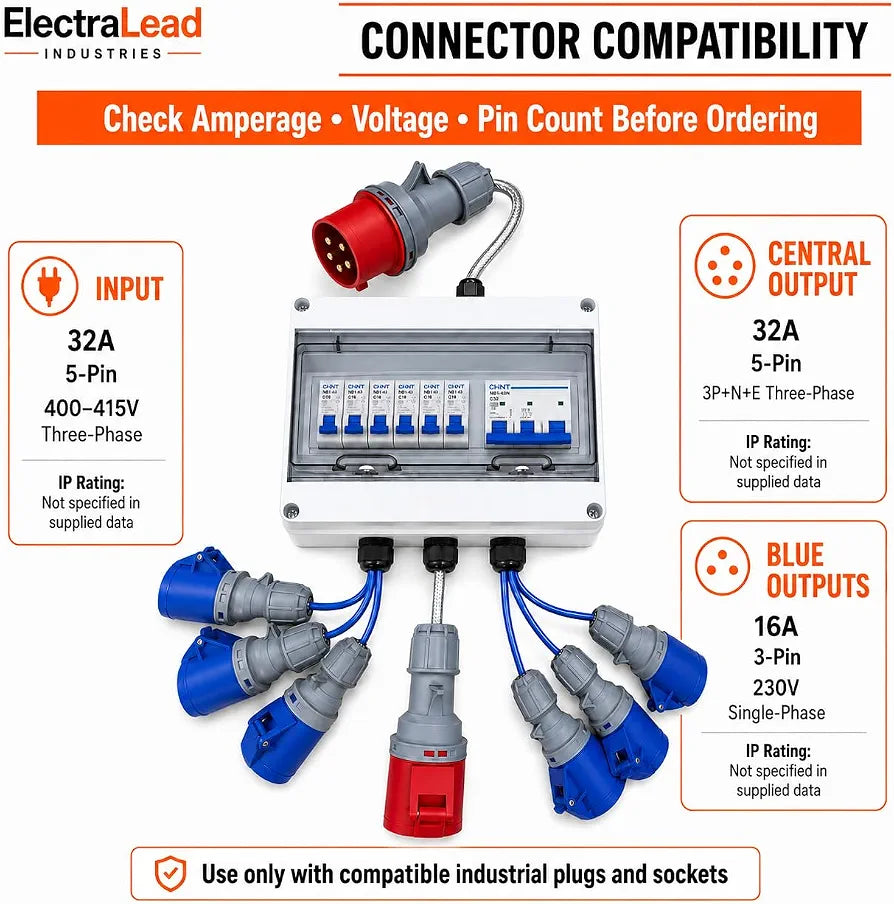 ElectraLead 32A 5-Pin 415V MCB Box, 32A Outlet and 6 x 16A Sockets
