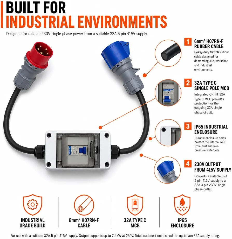 32A to 32A 3 Phase MCB Distrobution Wall Hanging Adaptor Box – 32A 5 Pin 415V Inlet to 32A 3 Pin 230V Outlet – IEC 60309 Industrial Step-Down Adaptor – MCB Protected – PAT Tested