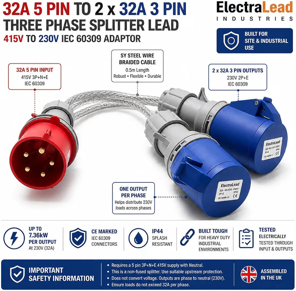 ElectraLead Red 32A 5 Pin to 2 x Blue 32A 3 Pin Splitter Lead – 0.6m SY Steel Wire Braided Cable – 415V Three Phase to 230V Single Phase – CE Marked IEC 60309 Connectors