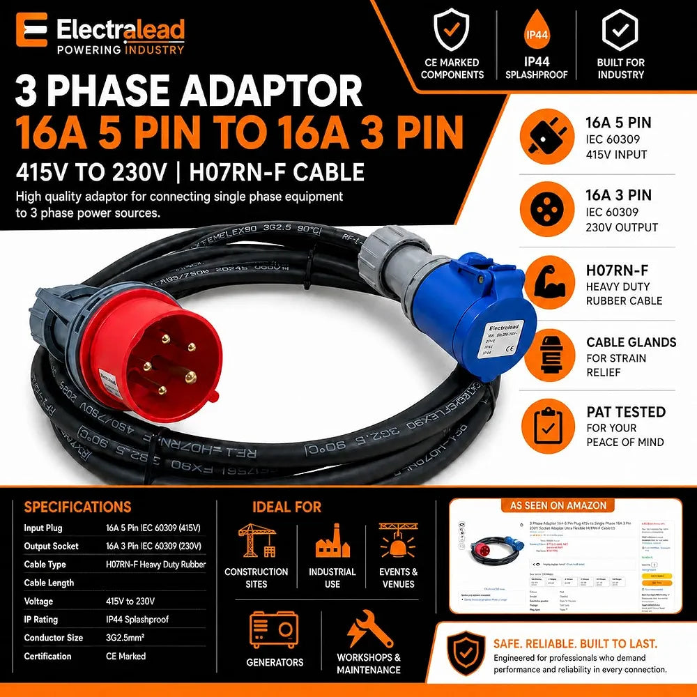 16A 5 Pin 415V to 16A 3 Pin 230V 1M Industrial Adaptor Lead – 3 Phase to Single Phase, 3G2.5mm² H07RN-F Rubber Cable, IP44, CE Marked IEC 60309 Connectors 