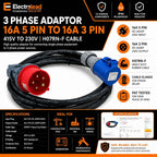 16A 5 Pin 415V to 16A 3 Pin 230V 1M Industrial Adaptor Lead – 3 Phase to Single Phase, 3G2.5mm² H07RN-F Rubber Cable, IP44, CE Marked IEC 60309 Connectors 