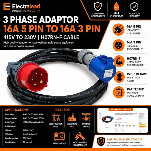 16A 5 Pin 415V to 16A 3 Pin 230V 1M Industrial Adaptor Lead – 3 Phase to Single Phase, 3G2.5mm² H07RN-F Rubber Cable, IP44, CE Marked IEC 60309 Connectors 