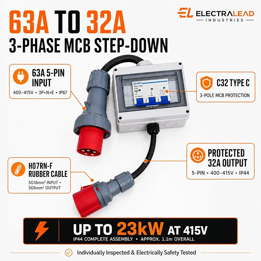 63A to 32A 5 Pin 415V 3 Phase MCB Step-Down Distribution Box – 5G16mm² to 5G6mm² H07RN-F Cable, IP44, Type C MCB, CE Marked Industrial Connectors