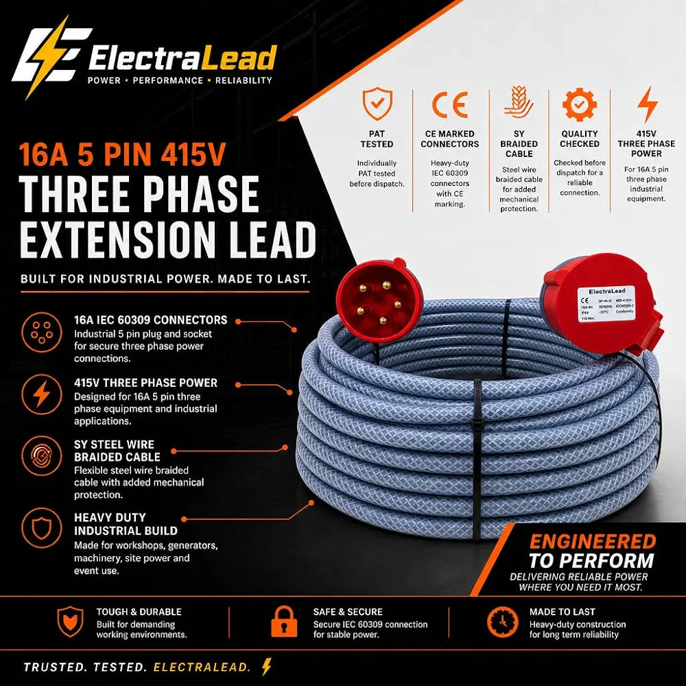 16 Amp 5 3m Pin 415V Three Phase Extension Lead - CE Red - 2.5mm² Heavy Duty Industrial Steel Armoured Cable 3 Phase 