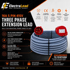 16 Amp 5 3m Pin 415V Three Phase Extension Lead - CE Red - 2.5mm² Heavy Duty Industrial Steel Armoured Cable 3 Phase 