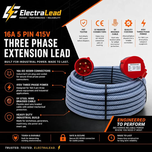16 Amp 5 3m Pin 415V Three Phase Extension Lead - CE Red - 2.5mm² Heavy Duty Industrial Steel Armoured Cable 3 Phase 
