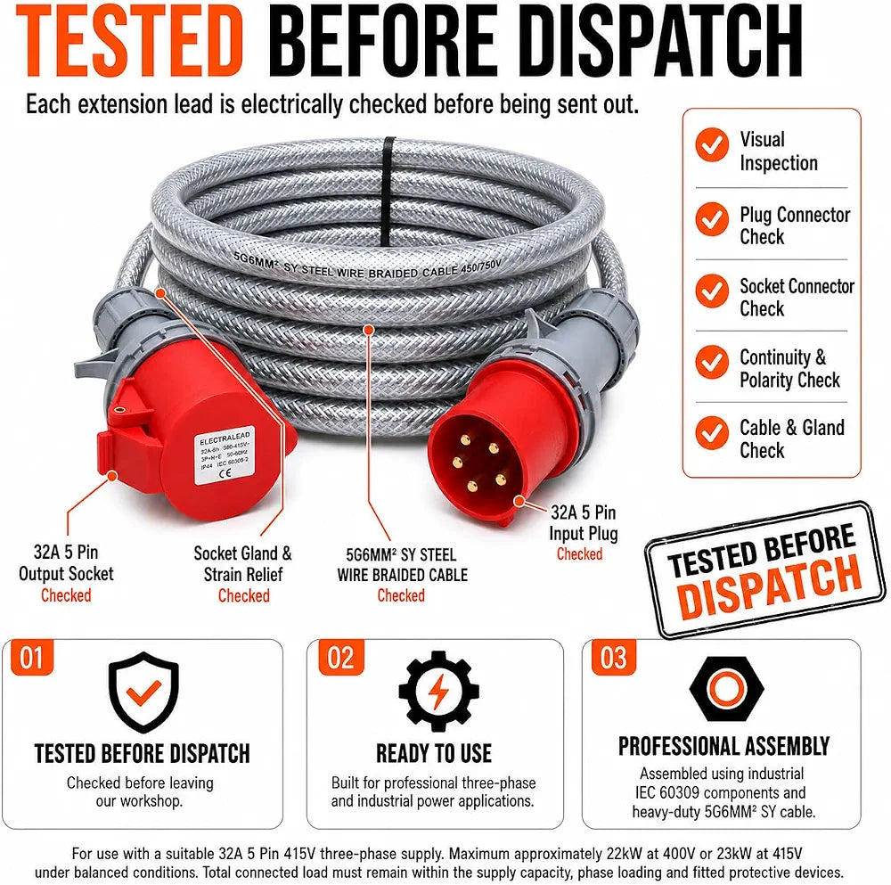 32A 5 Pin 415V 3m Red Industrial 3 Phase Extension Lead – 32 Amp, 5G6mm² SY Steel Wire Braided Cable, IP44, CE Marked IEC 60309 Components 